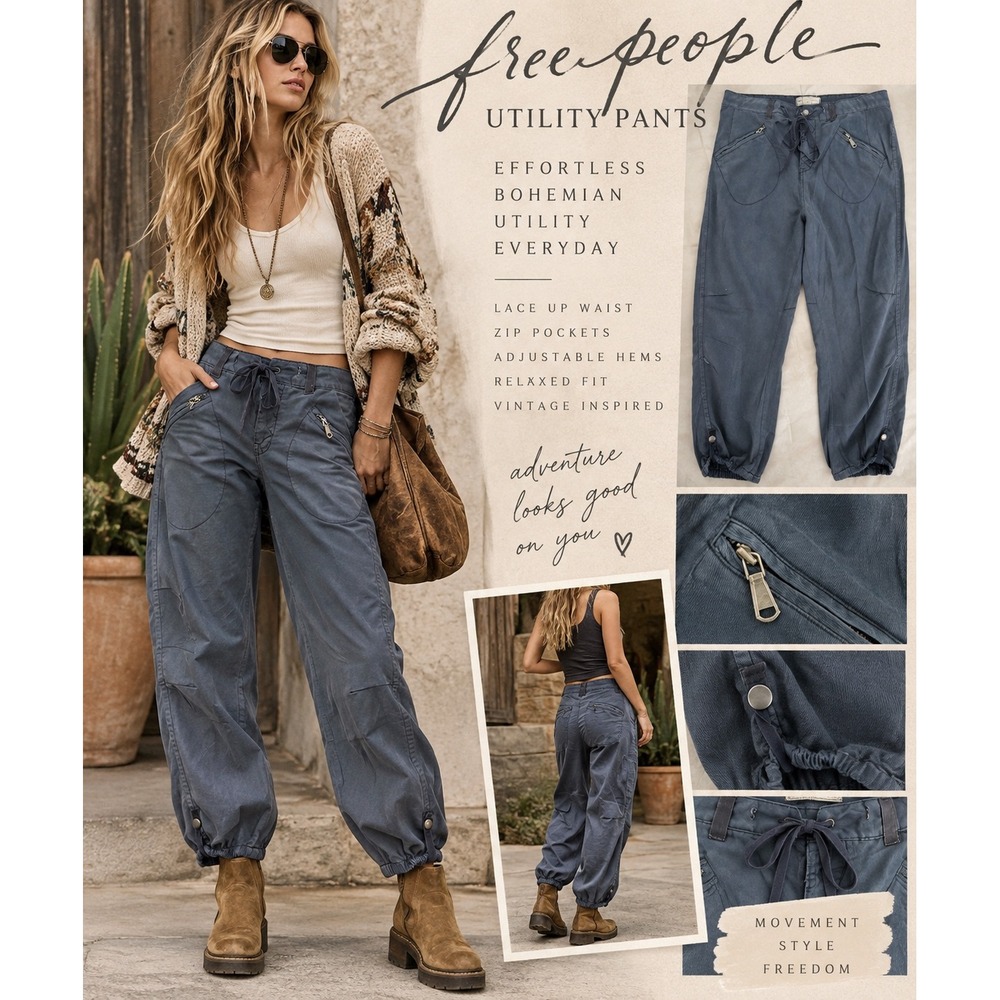 Free People Pants 10 Blue Utility Moto Parachute Lace Up Zip Pocket Gorpcore